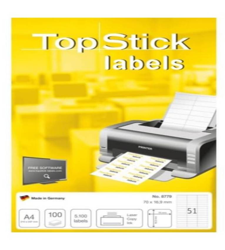 TOP STICK Etiquette universelle, 16.9x70 mm, blanc, 4 par feuille, A4, 5100